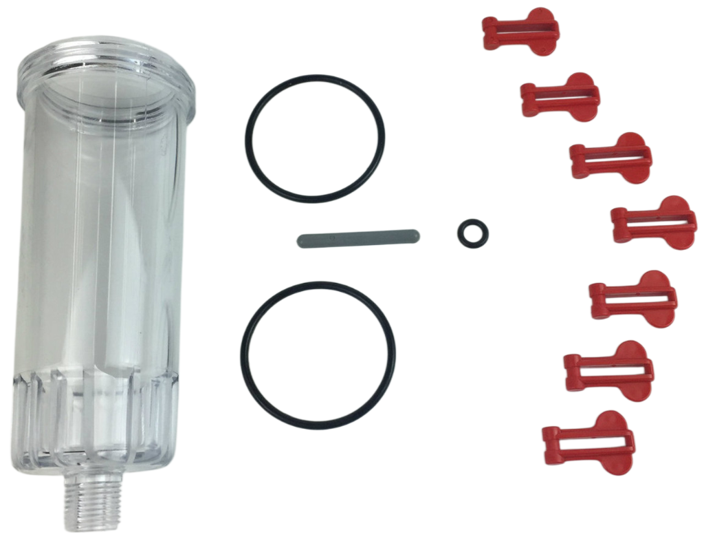 Parts Pak T2C-075/100 - 7 Red Tabs - 2 Bowl O-Rings - 1 Purge O-Ring - 1 Pin - 1 Clear Bowl