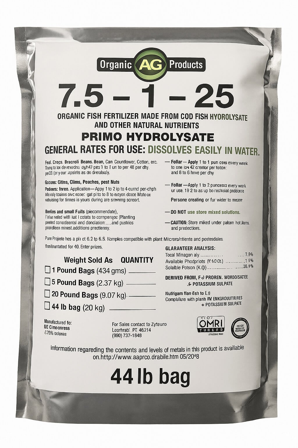 7.5-1-25 Organic Fish Fertilizer Made From Cod Fish Hydrolysate - 44lb Bag