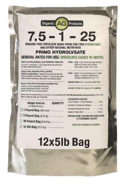 7.5-1-25 Organic Fish Fertilizer Made From Cod Fish Hydrolysate Case (5lb-12 Bags)