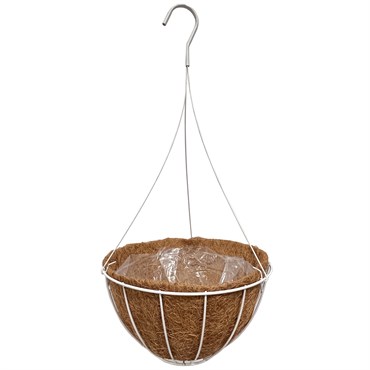 GROWER SELECT 12" HANGING BASKET WHITE WIRE HANGER FLAT BOTTOM COCO LINER; TOP DIA 12IN X 6IN H 1.58 GAL /6L LIQUID VOLUME CAPACITY
