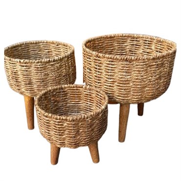 Primitive 3pc Basket Planters w/ Wooden Legs