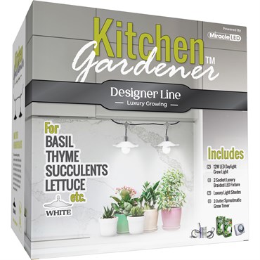 Miracle LED Designer Line Grow Kit 2 Socket Fixture w/Braided Cord, White Shade & Timer- Full Spectrum Bulbs