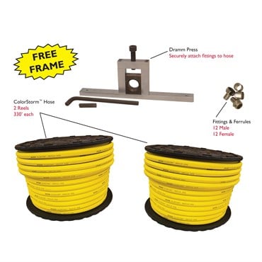 Dramm 5/8 inch Custom Hose Starter Kit Includes 2 Spools 5/8 In x 330Ft Color Storm Yellow Hose, 1 DP Frame Only, 1 DPJ625 5/8 Jaws, 12 Ea Male Fittings, 12 Ea Female Fittings