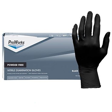 ProWorks Disposable Nitrile Exam Grade Gloves, Powder Free, Black, 4 mil, Medium, 100ct Box, 10/CS