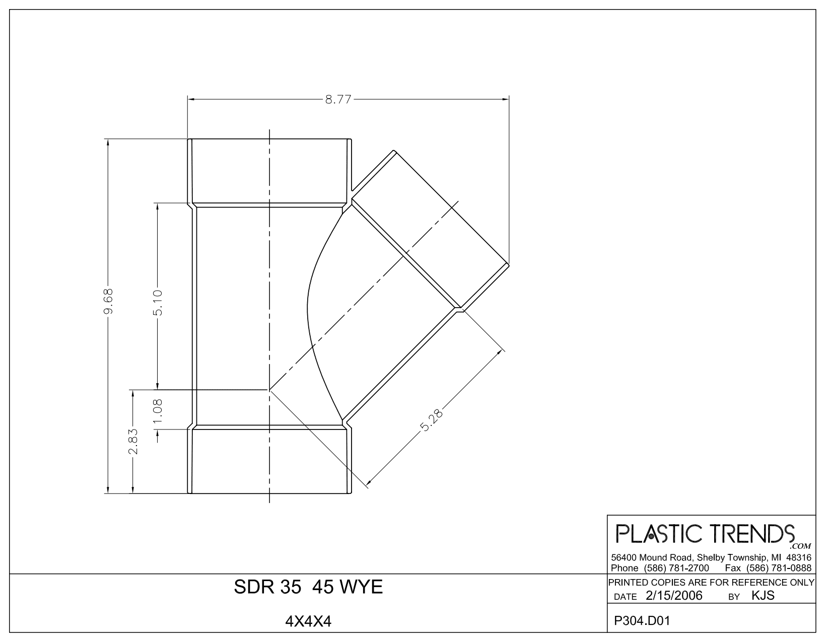 Plastic Trends Wye, Hub PVC P Series Sdr-35 45° | 4P08