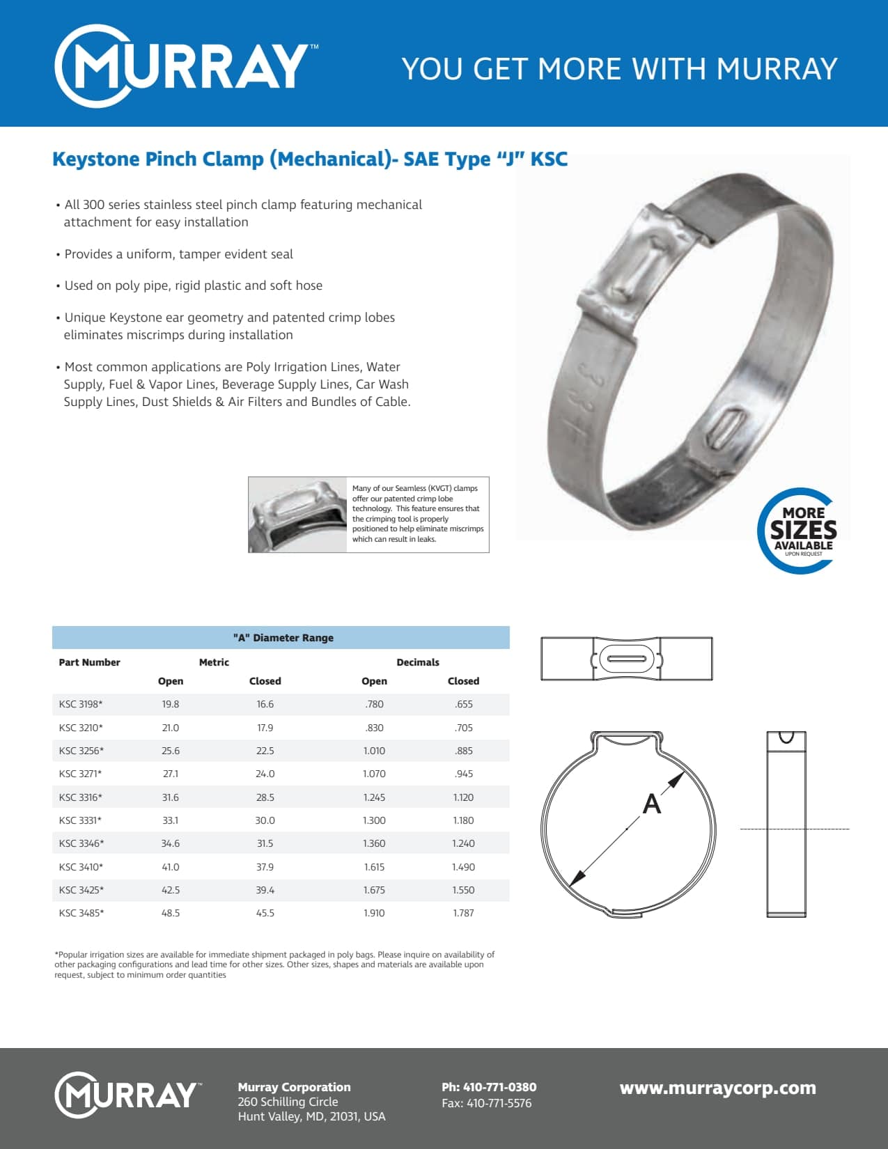 3/4" 300 Stainless Steel KSC Series Keystone with Mechanical Attachment Pinch Clamp | MURKSC325600P100