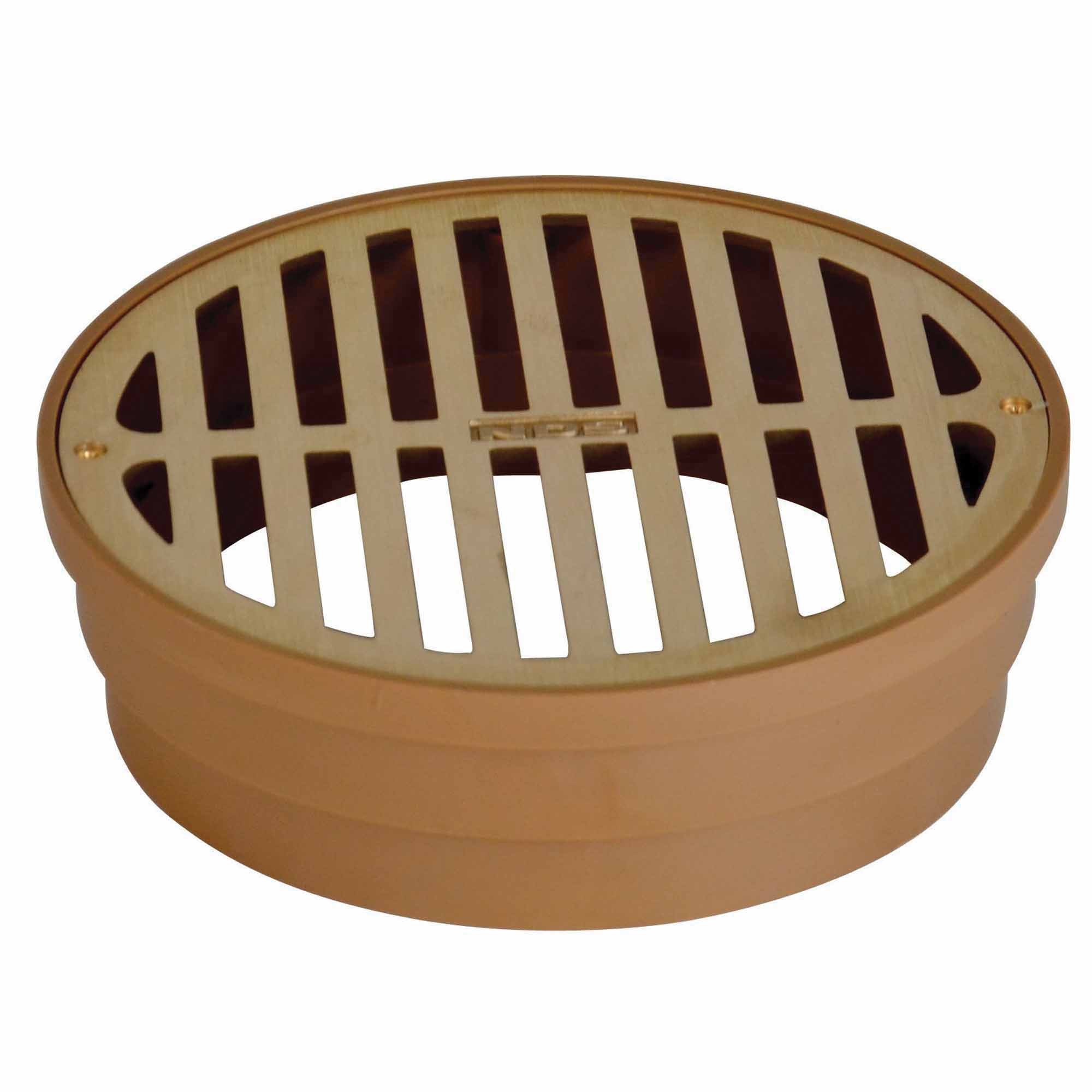 6" Round Satin Brass with Styrene Collar Drain Adapter Grate | NDS918B