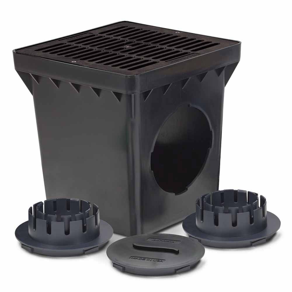 12" x 12" Square 2-Outlet Drainage with Black Grate Catch Basin Kit | RBDDB12KITB