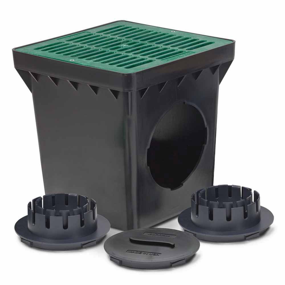 12" x 12" Square 2-Outlet Drainage with Green Grate Catch Basin Kit | RBDDB12KITG