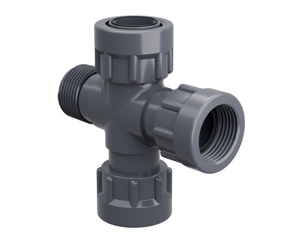 PVC Cross Manifold 1" x 1" x 1" x 1" FPT x FPT x FPT x MPT Swivel | 320-010
