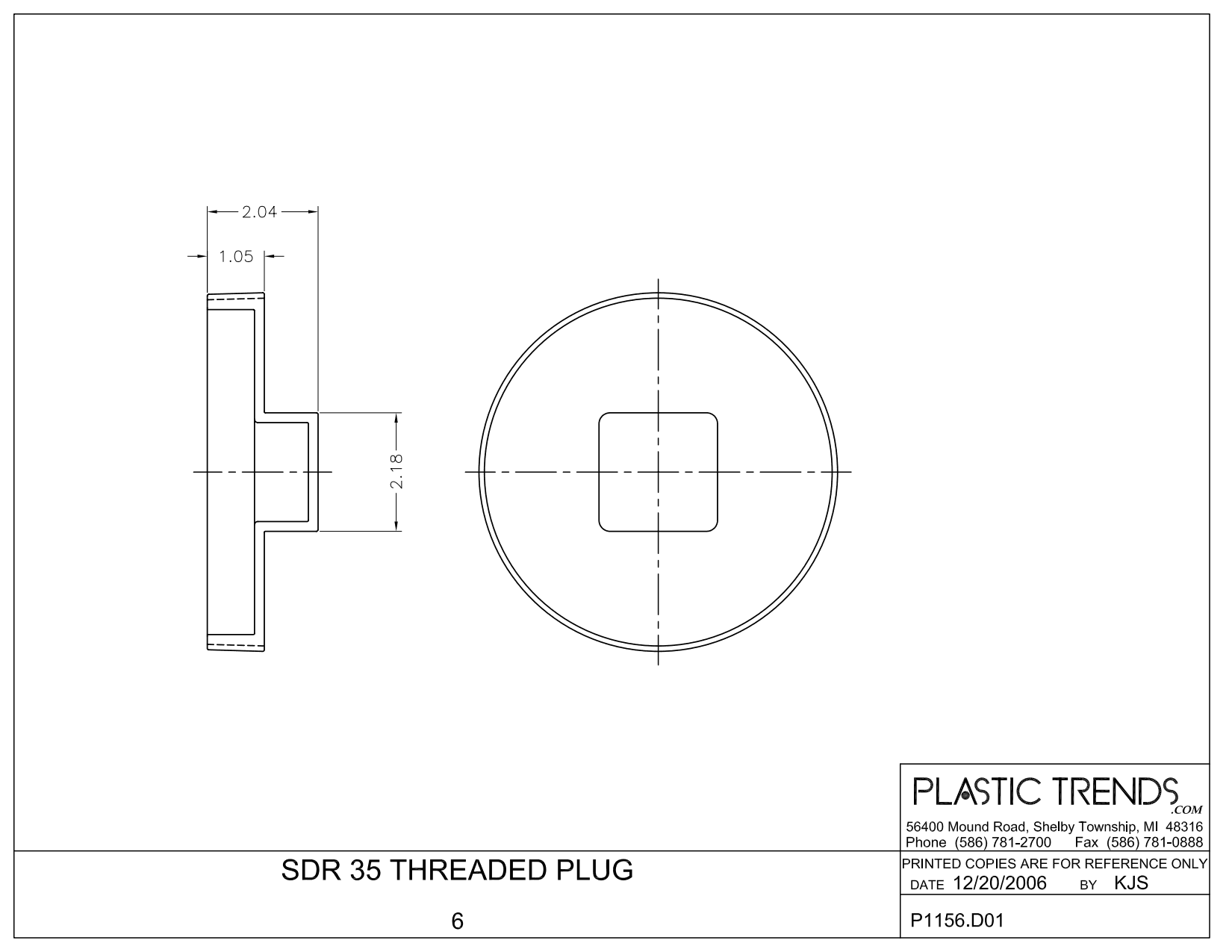 Sewer Plug, 6" MPT PVC P Series SDR-35 Solvent Weld
