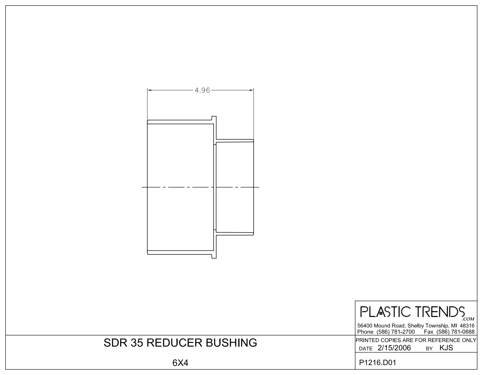 6" x 4" SPT x Hub White PVC Solvent Weld Reducing Bushing | NDP6P07S