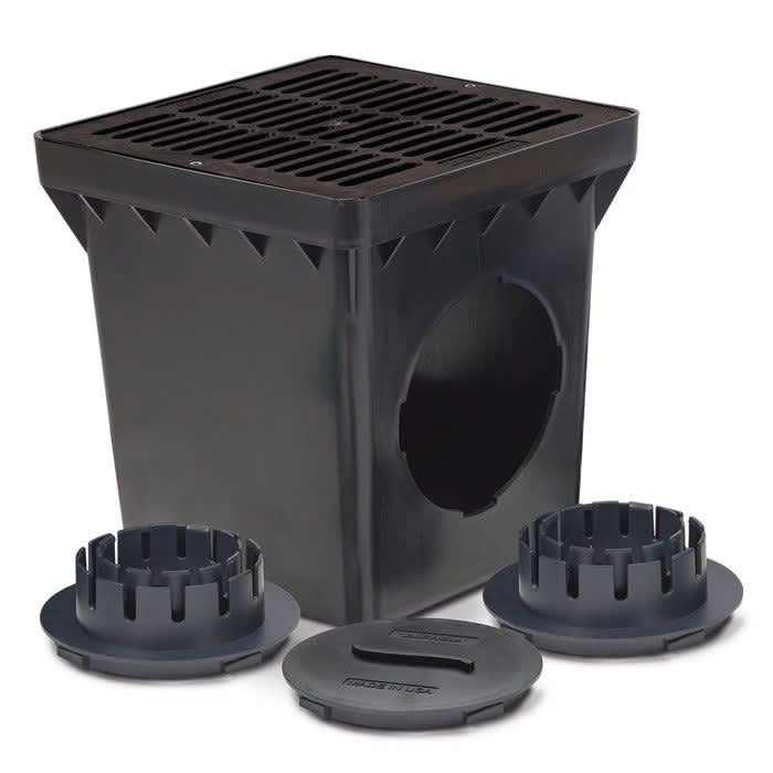 9" x 9" Square 2-Outlet with Black Grate Drainage Catch Basin Kit | RBDDB9KITB