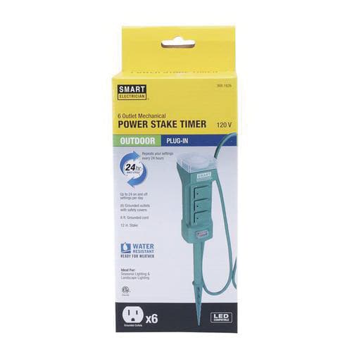 120 V 5 A 4-11/16" x 3-15/16" x 9-13/16" 6-Outlet Analog Mechanical Power Stake Timer | MEN3681826