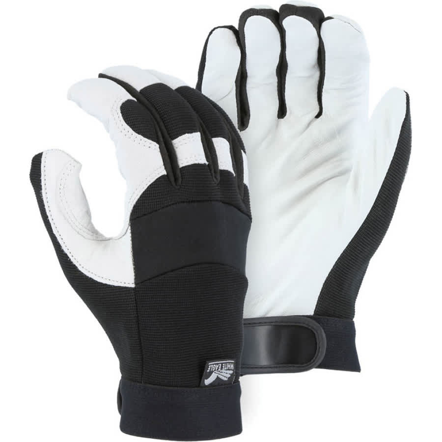 Extra Large Goatskin Leather Black/White Hook and Loop Elastic Wrist Cuff A-Grade Mechanics Gloves | YLS2153XL