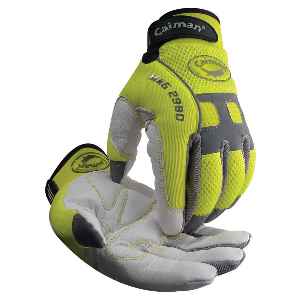 Goatskin Leather Hi-Vis Lime Green/White Hook and Loop Neoprene Cuff Padded Mechanics Gloves | YLS2980