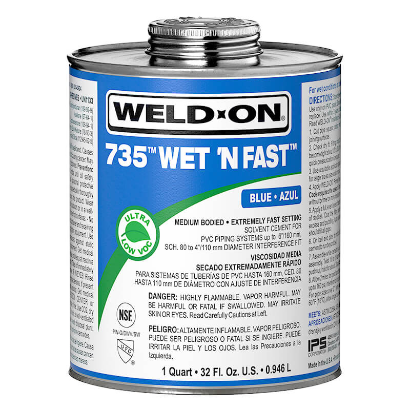 PVC Cement, 1 qt Can Blue Medium Syrupy Liquid Low VOC 735™ Wet 'N Fast™ Series