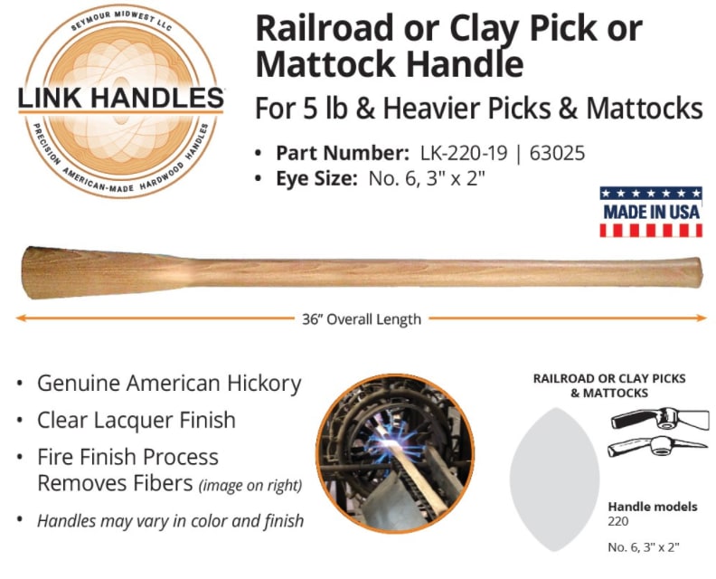 Mattock Handle, 36" American Hickory Wood Clear Lacquer Contractor Grade