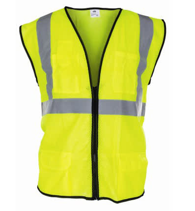 High Visibility Surveyors Safety Vest, Large Polyester Hi-Viz Yellow Zipper 2 Pocket Reflective | 690-2209