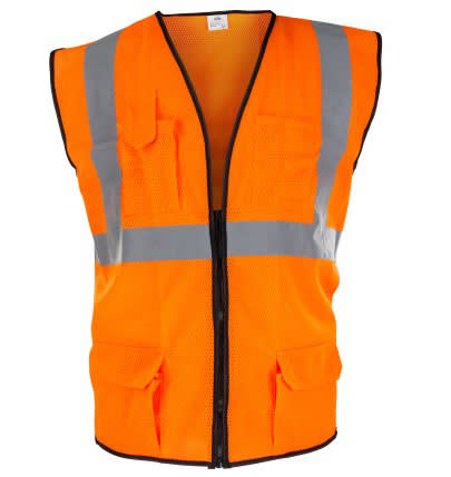 High Visibility Surveyors Safety Vest, Large Polyester Hi-Viz Orange Zipper 2 Pocket Reflective | 692-2209