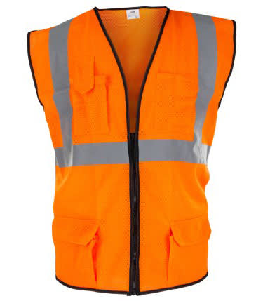 High Visibility Surveyors Safety Vest, X-Large Polyester Hi-Viz Orange Zipper 2 Pocket Reflective | 692-2210