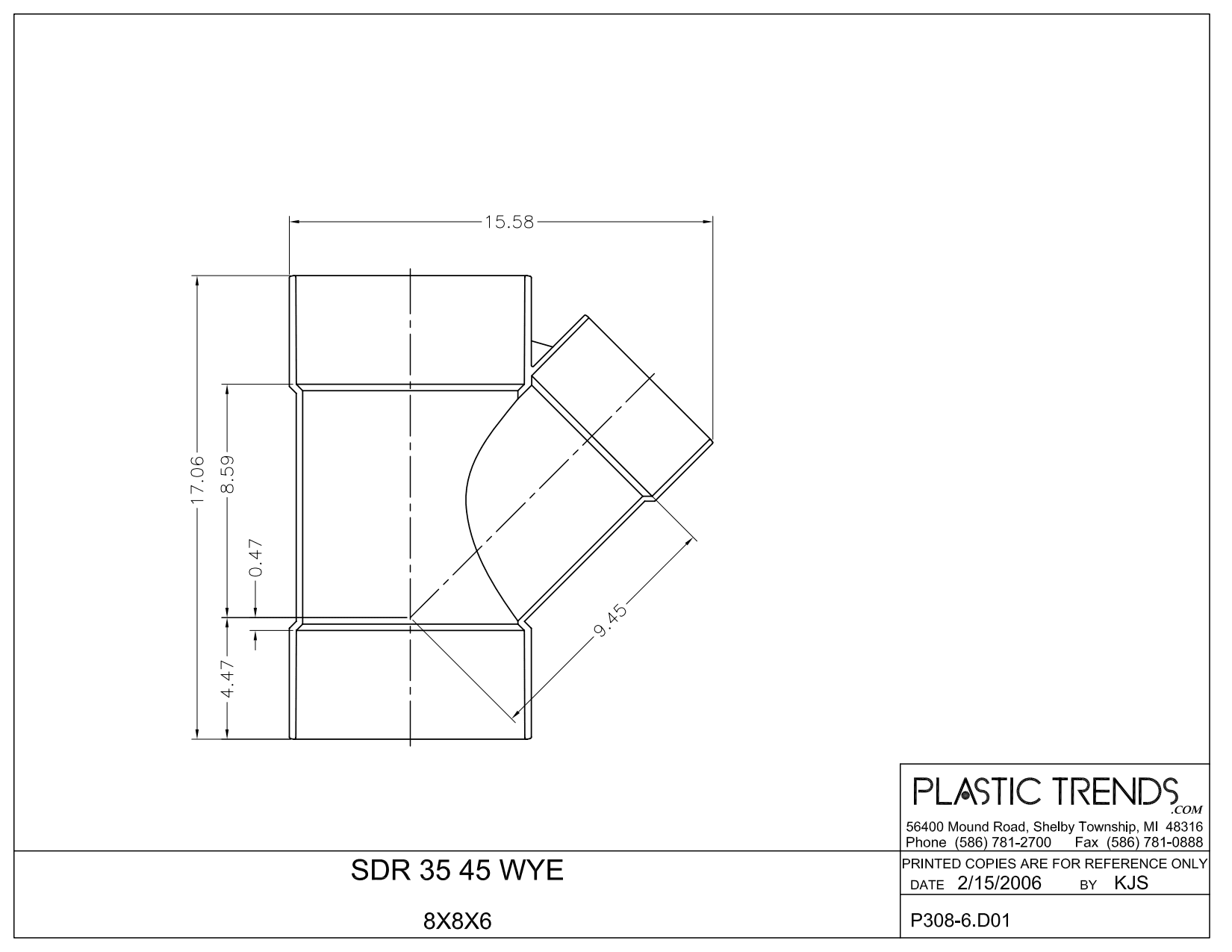 Drain Wye, 8" x 6" Hub x Hub x Hub PVC Sewer | 86P08