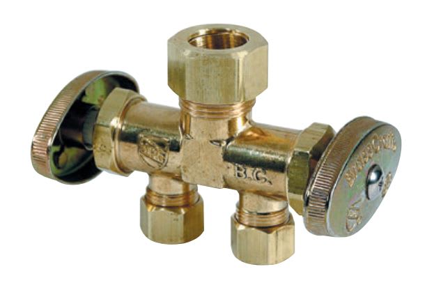1-Piece Dual Shut-Off Stop Brass 1/2" x 3/8" x 3/8" Compression x Compression x Compression | CR1901DVSX R