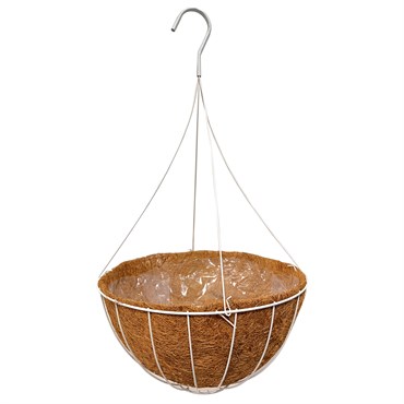 Grower Select 16" Hanging Basket White 20" 4 Strand Wire Hanger Flat Bottom Coco Liner ; 25/Cs 16in X 8in 3.43 GAL / 13 liters Liquid Volume Capacity