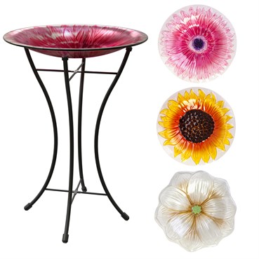 Panacea 3pc 14" Assorted Glass Bird Bath with Stand - Pink Mum, Sunflower & White Magnolia