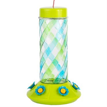 Friends of Flight 28oz Blue/Green Swirl Glass Hummingbird Feeder with Green Plastic Base