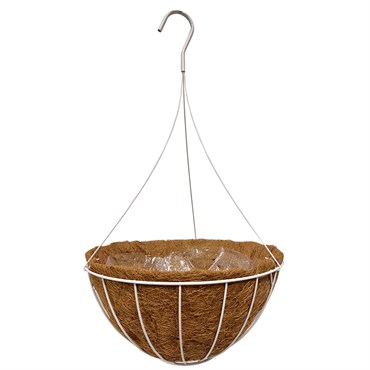 Grower Select 14" Hanging Basket White 20" 4 Strand Wire Hanger Flat Bottom Coco Liner; 14 in x 7 in ; 2.37 Gal / 9 liters Liquid Volume Capacity