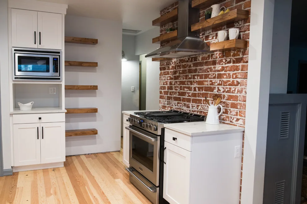 Brick and Floating Shelves Kitchen Renovation by CCH Design | Remodel - Photo 2