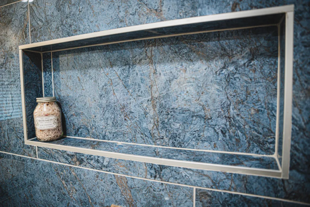 Coffee-Inspired Blue Bathroom Renovation by Callaway Homes Remodeling - Photo 3