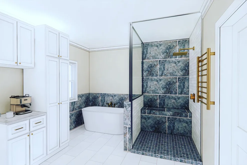 Coffee-Inspired Blue Bathroom Renovation by Callaway Homes Remodeling - Photo 13