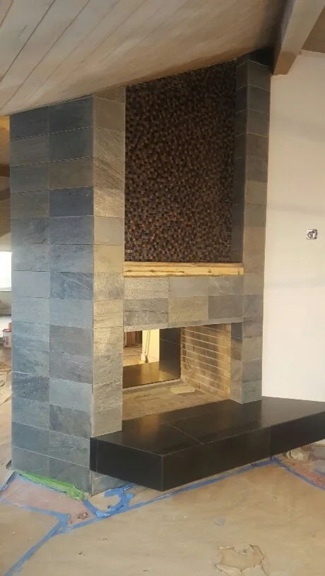 Dual-Faced Frank Lloyd Wright-Inspired Tiled Fireplace by Skyline Remodeling - Photo 5