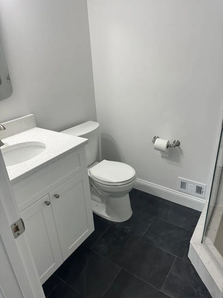 Compact master bathroom makeover featuring a bespoke tile shower and custom glass enclosure by Bolton Home Remodelers - Photo 2