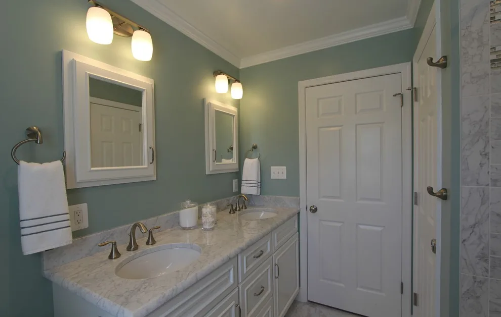 Monkton Sage Green Carrera Marble Restroom by Taylor Made Custom Contracting Inc. - Photo 3