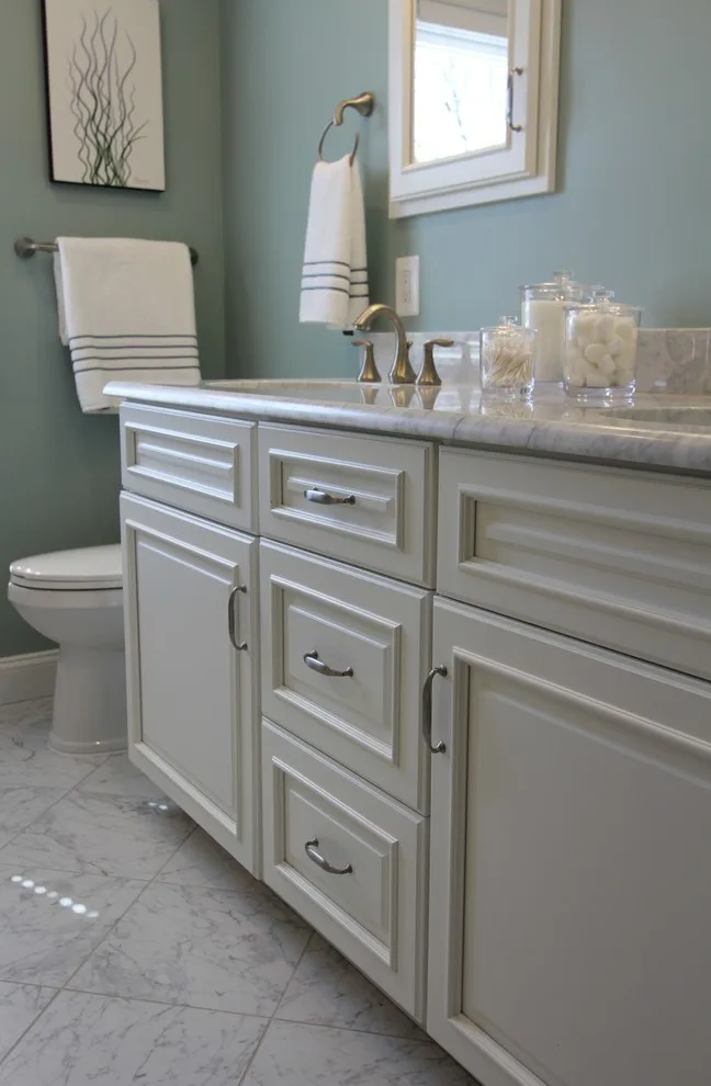 Monkton Sage Green Carrera Marble Restroom by Taylor Made Custom Contracting Inc. - Photo 4
