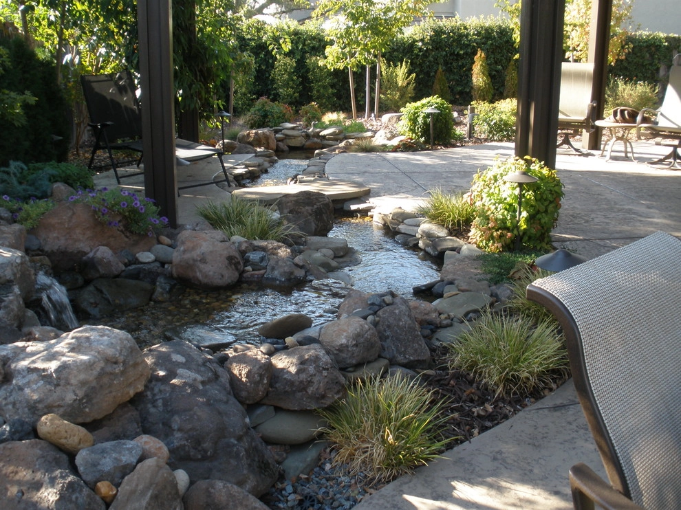 Rocklin Waterfall and Creek Running Through Patio by Bluestar Landscape Designers - Photo 6