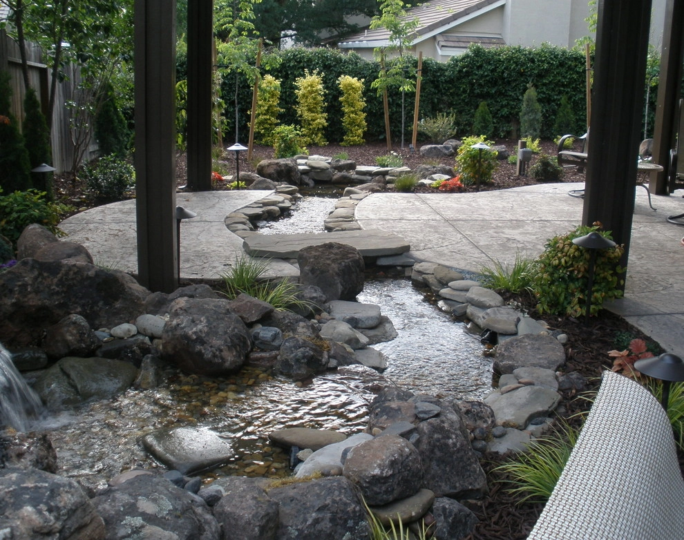 Rocklin Waterfall and Creek Running Through Patio by Bluestar Landscape Designers - Photo 7