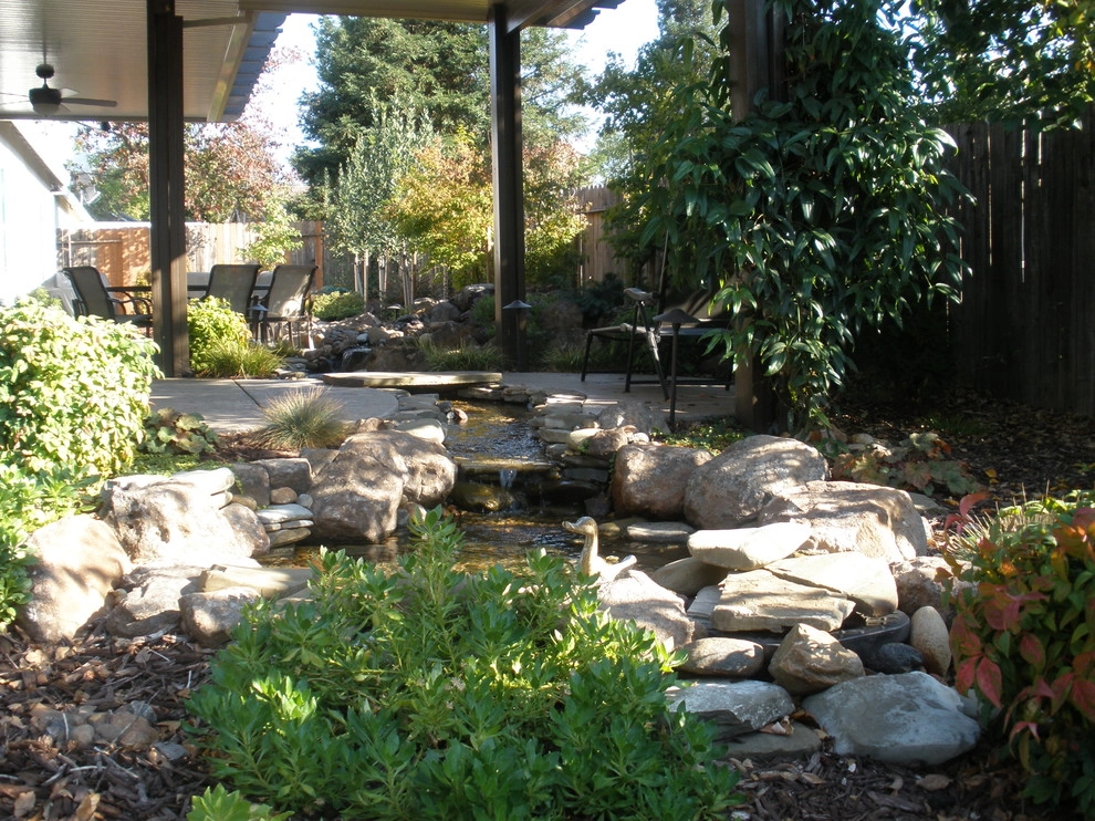 Rocklin Waterfall and Creek Running Through Patio by Bluestar Landscape Designers - Photo 2