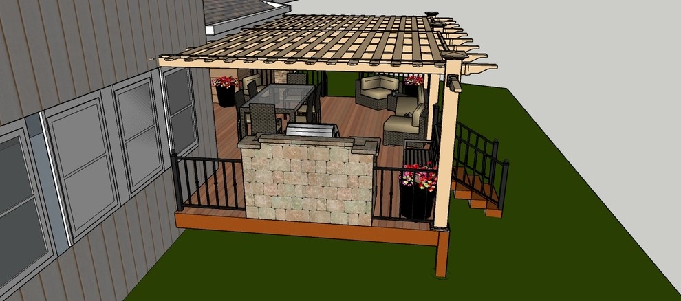 New Construction Composite Deck with Tan Vinyl Pergola and Built-in Grill Island by Colorado Vista Landscape Design, Inc. - Photo 4