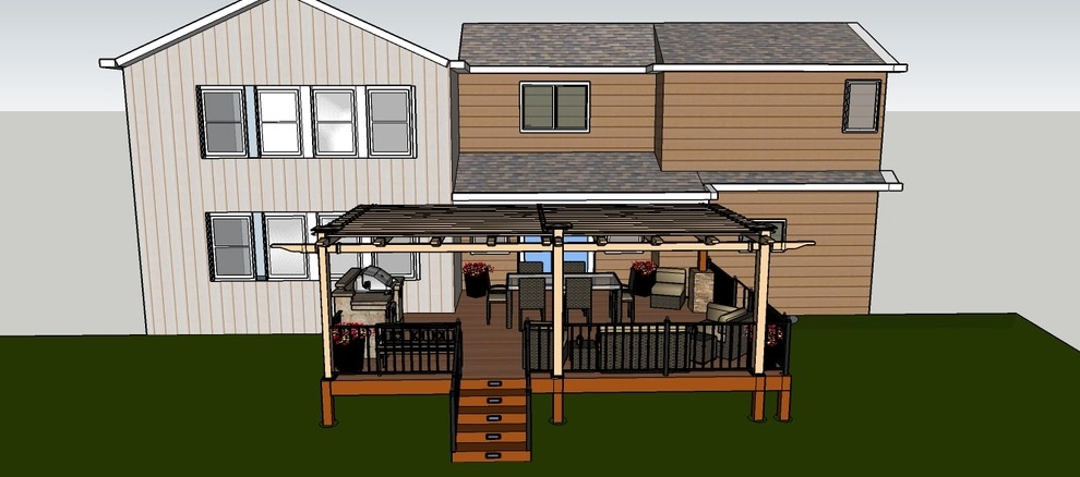 New Construction Composite Deck with Tan Vinyl Pergola and Built-in Grill Island by Colorado Vista Landscape Design, Inc. - Photo 2