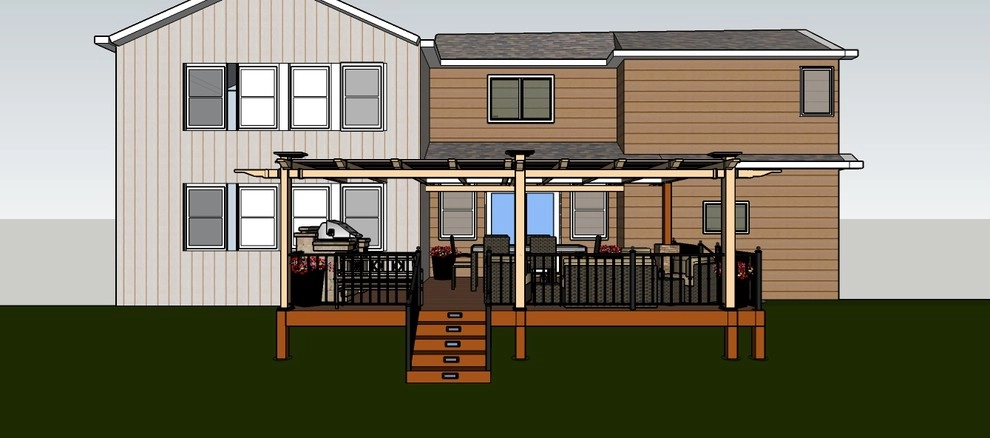 New Construction Composite Deck with Tan Vinyl Pergola and Built-in Grill Island by Colorado Vista Landscape Design, Inc. - Photo 7