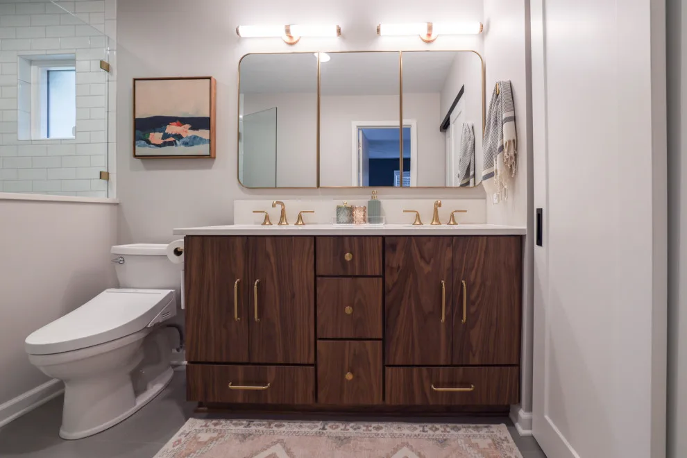Cozy Walnut and Brass Main Bathroom Escape by KCBR Design | Remodel - Photo 13