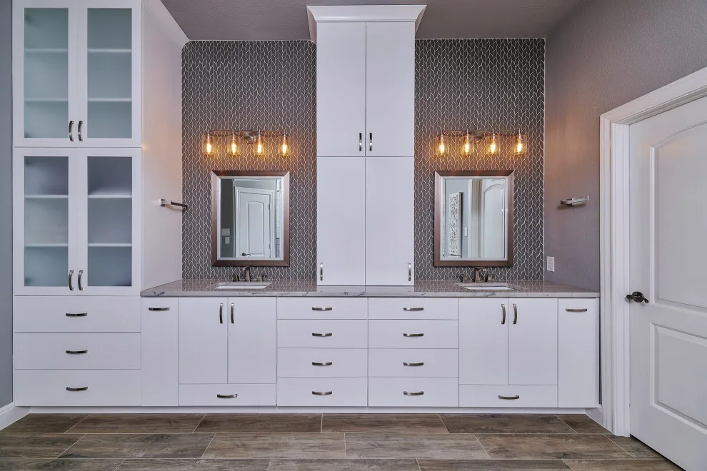 White Bathroom with Wood Flooring by Jana Ward Interiors - Photo 8