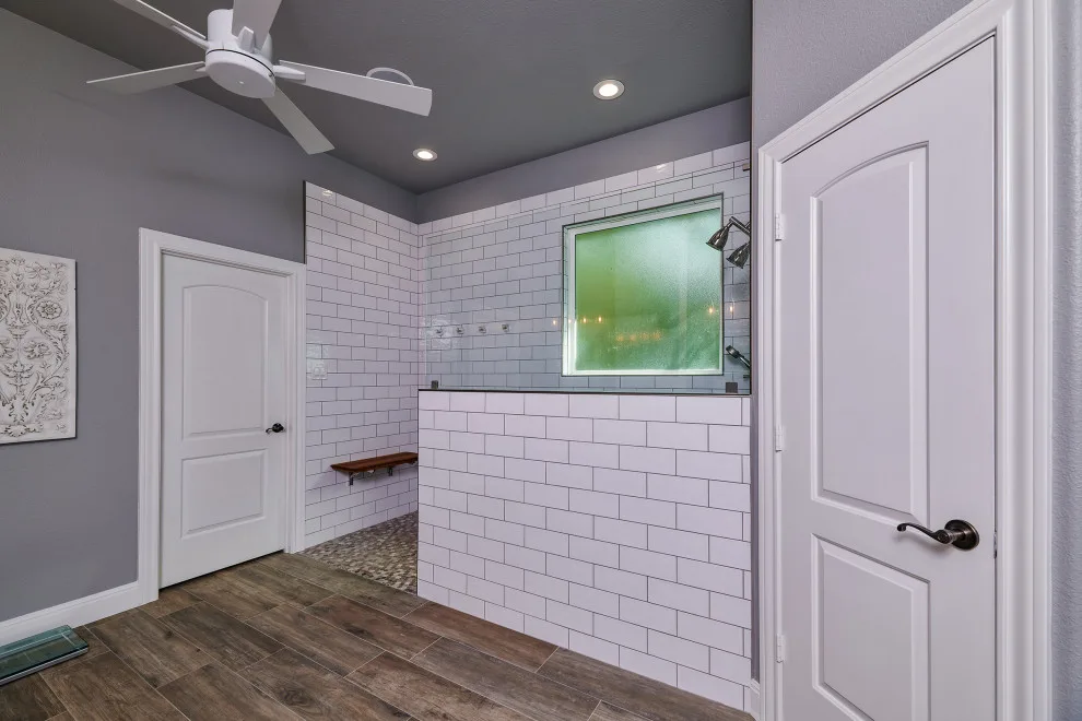 White Bathroom with Wood Flooring by Jana Ward Interiors - Photo 3