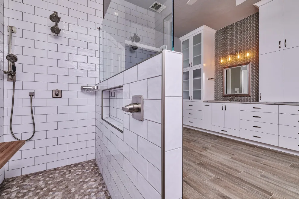 White Bathroom with Wood Flooring by Jana Ward Interiors - Photo 7
