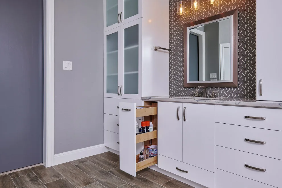 White Bathroom with Wood Flooring by Jana Ward Interiors - Photo 9