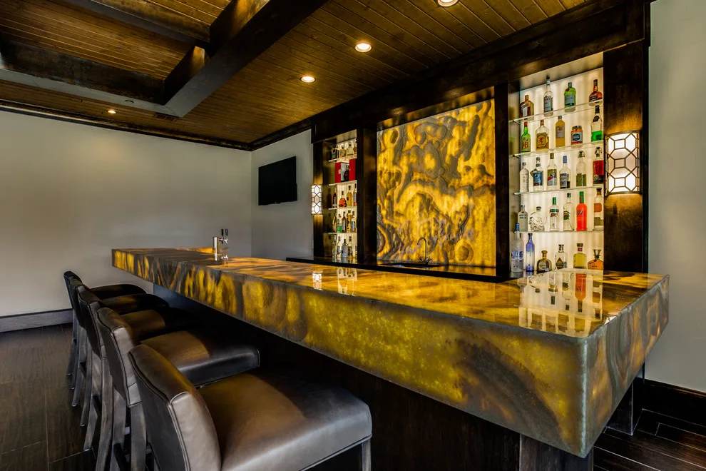 Backlit Onyx Gameroom with Transitional Design and Calacatta Marble Kitchen by Aria Stone Gallery - Photo 6
